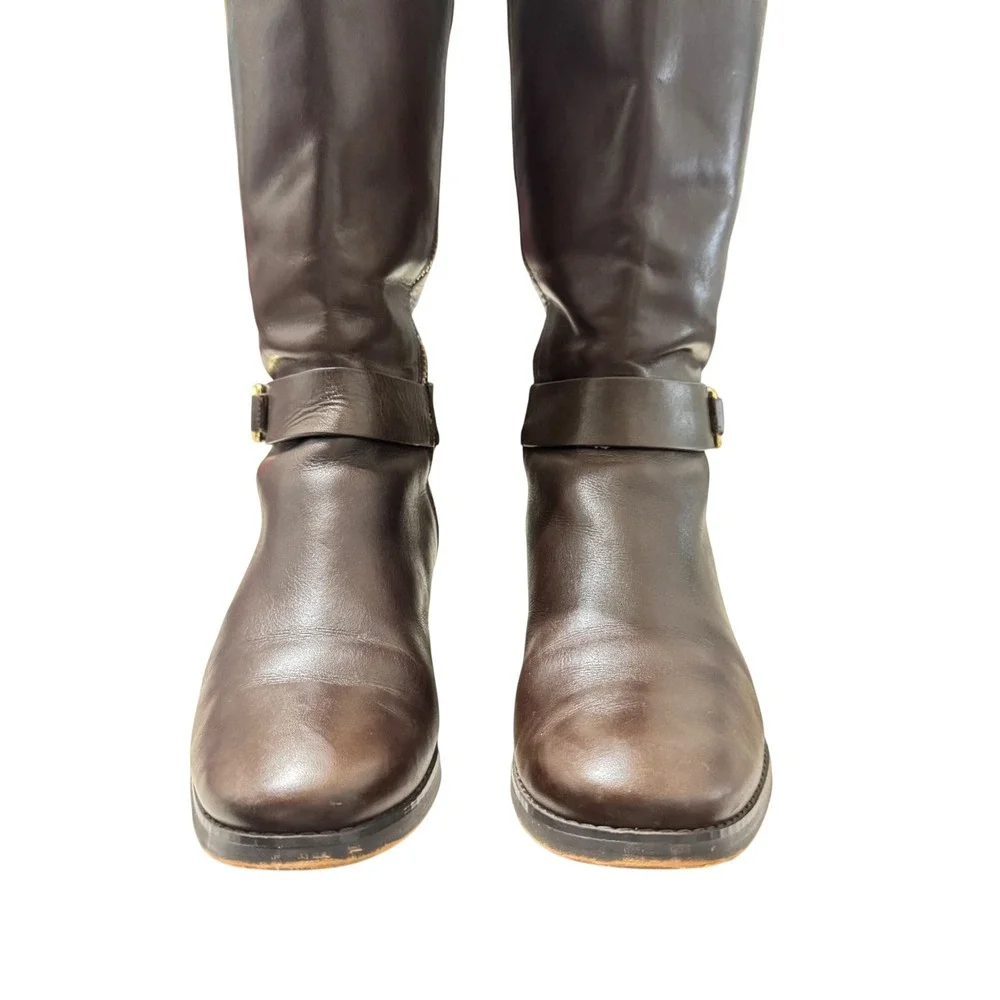 Michael Kors Brown Leather Riding Boots MK Logo Buckle Side‎ Zip Women Size 7.5M - Picture 6 of 10